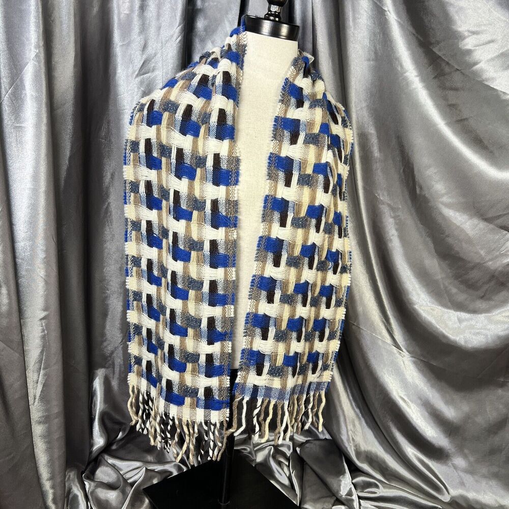 Italian Woven Lambswool Scarf Unisex 32”x9 Tassel Textured Blue Tan‎ Fall Winter - Picture 3 of 8